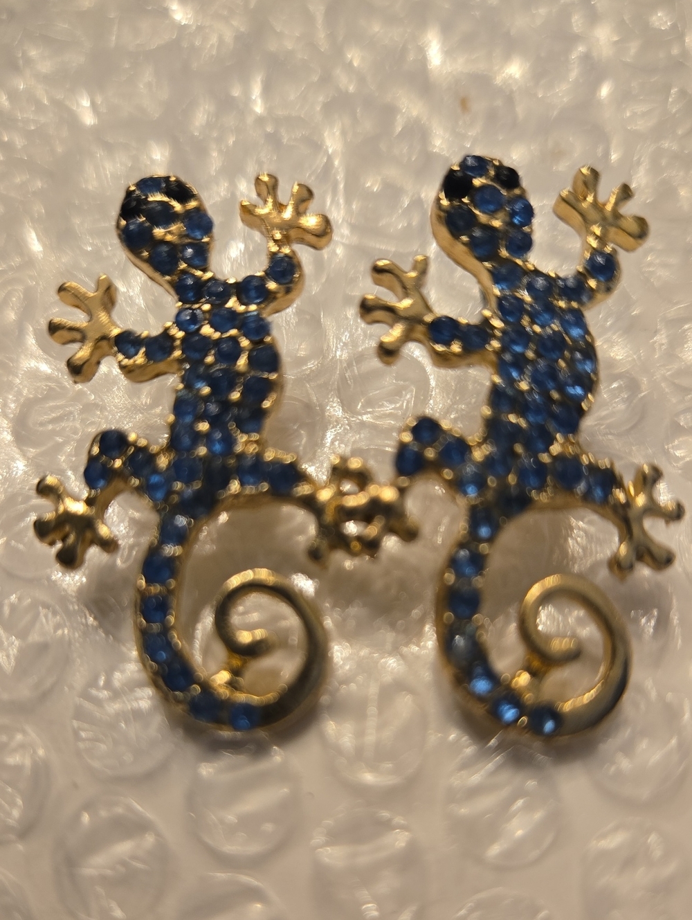 Gold-Tone Blue Crystal Gecko Reptile Earrings -